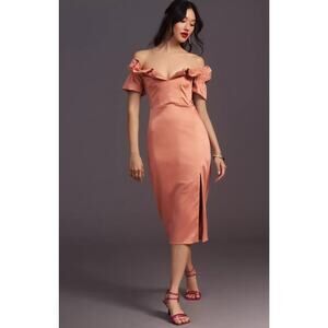 Anthropologie Ruffled Off-The-Shoulder Midi Dress Silky Side Slit Smocked Large